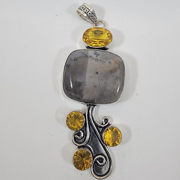 Handmade Silver Pendant with Dendritic Opal and Faceted Citrine Accents - Picture 1 of 10